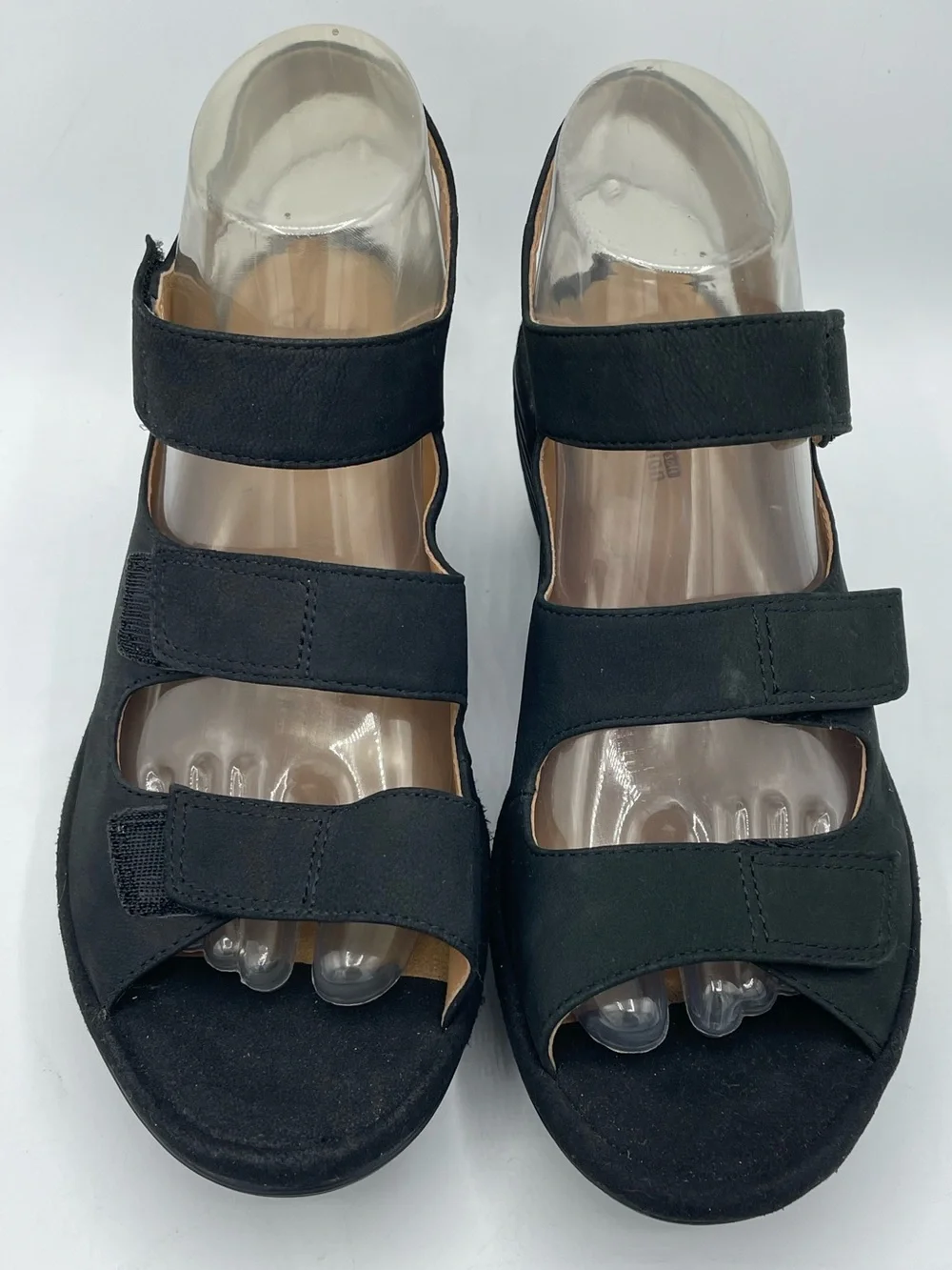 Clarks Black Three-Strap Wedge Sandals